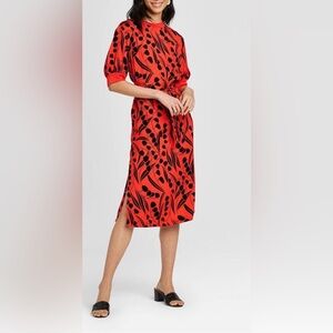 Who What Wear Red and Black Patterned Midi Dress With Belt
